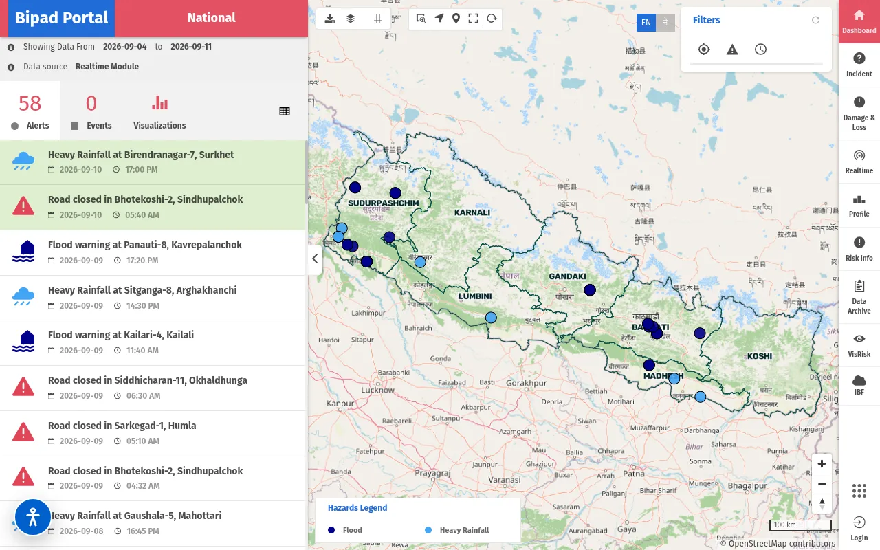 Bipad Portal dashboard with a map of Nepal and disaster monitoring alerts